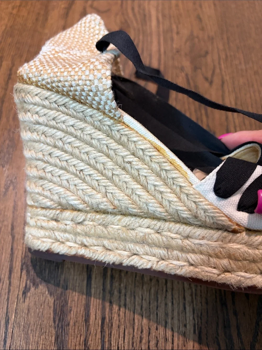 Castaner size 7 Cream Canvas Espadrille Wedges with Black Ribbon Ties